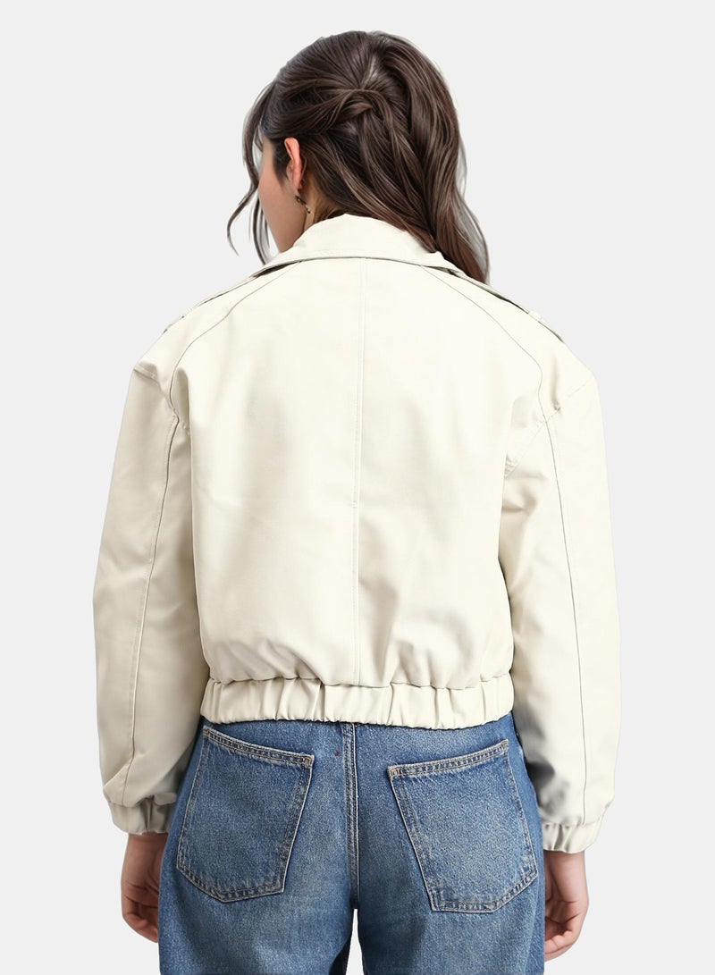 RAVIN Women Double Closure Leather Jacket With Hem Light Beige - Image 2